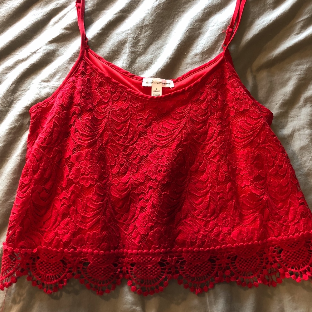 Ambiance Apparel Red Lace Cropped Tank